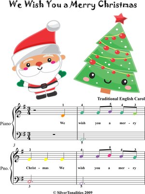 cover image of We Wish You a Merry Christmas Easiest Piano Sheet Music with Colored Notes